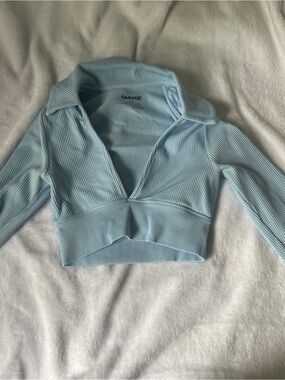 Garage Baby Blue Ribbed Cropped Polo Sweater